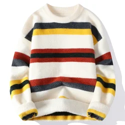 Men's Luxury Mink Cashmere Sweater, Soft and Comfortable Pullover, Keep Warm, Striped, High End, Winter, New, 2024