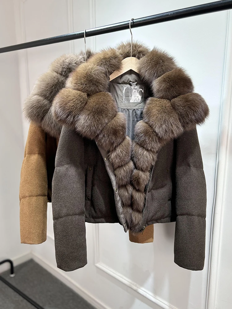 2025年新作 本物の天然フォックスファー 厚手 暖かい ダウンコート Janveny ﻿   高級冬用90%ホワイトダックダウンウール混紡ジャケット