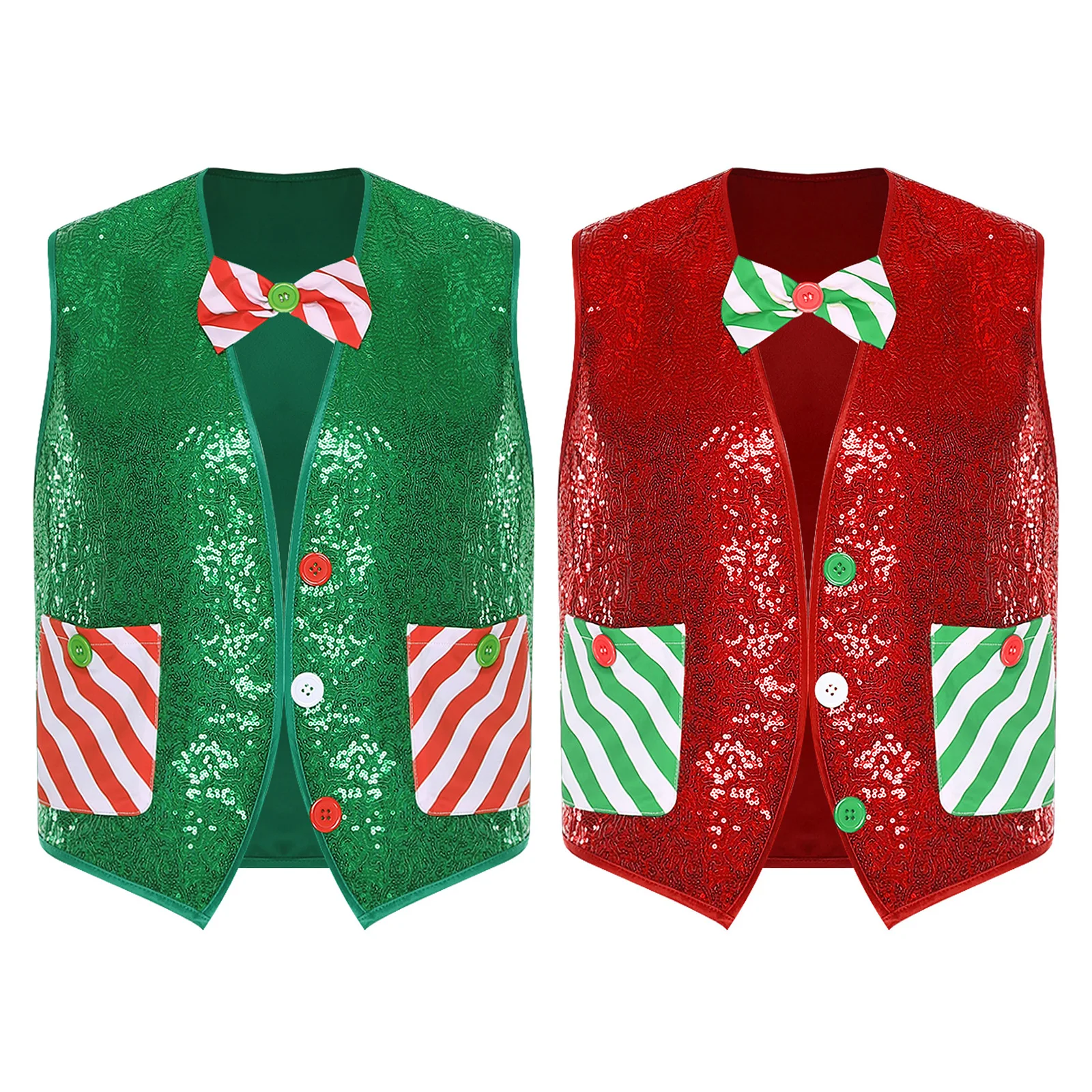 الرجال عيد الميلاد قزم زي تأثيري حفلة عيد الميلاد الترتر سترة بلا أكمام مفتوحة الجبهة غير المتكافئة هيم مخطط صدرية مع ربطة عنق