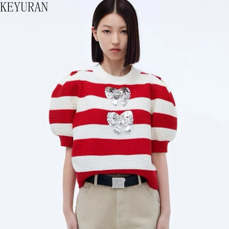 2024 Summer Sweet Sequin Bow Striped Sweater Women Pullover O-Neck Casual Color Block Short Sleeve Knit T-shirts Jumper Y2K Tops