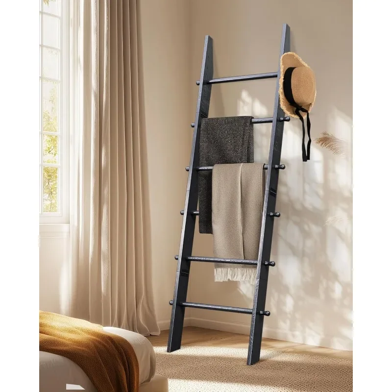 6-Tier Blanket Ladder with Hanging Knobs, 5.5 Ft Wall Leaning Blanket Ladders for Living Room Bedroom, Rustic Decorative