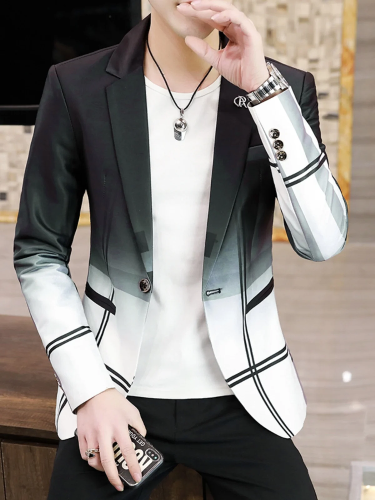 

Men's Spring Autumn Jaet Sli adient Color Single Piece Top Casual Haome Hairdrer's Choice Stand Fit Suit