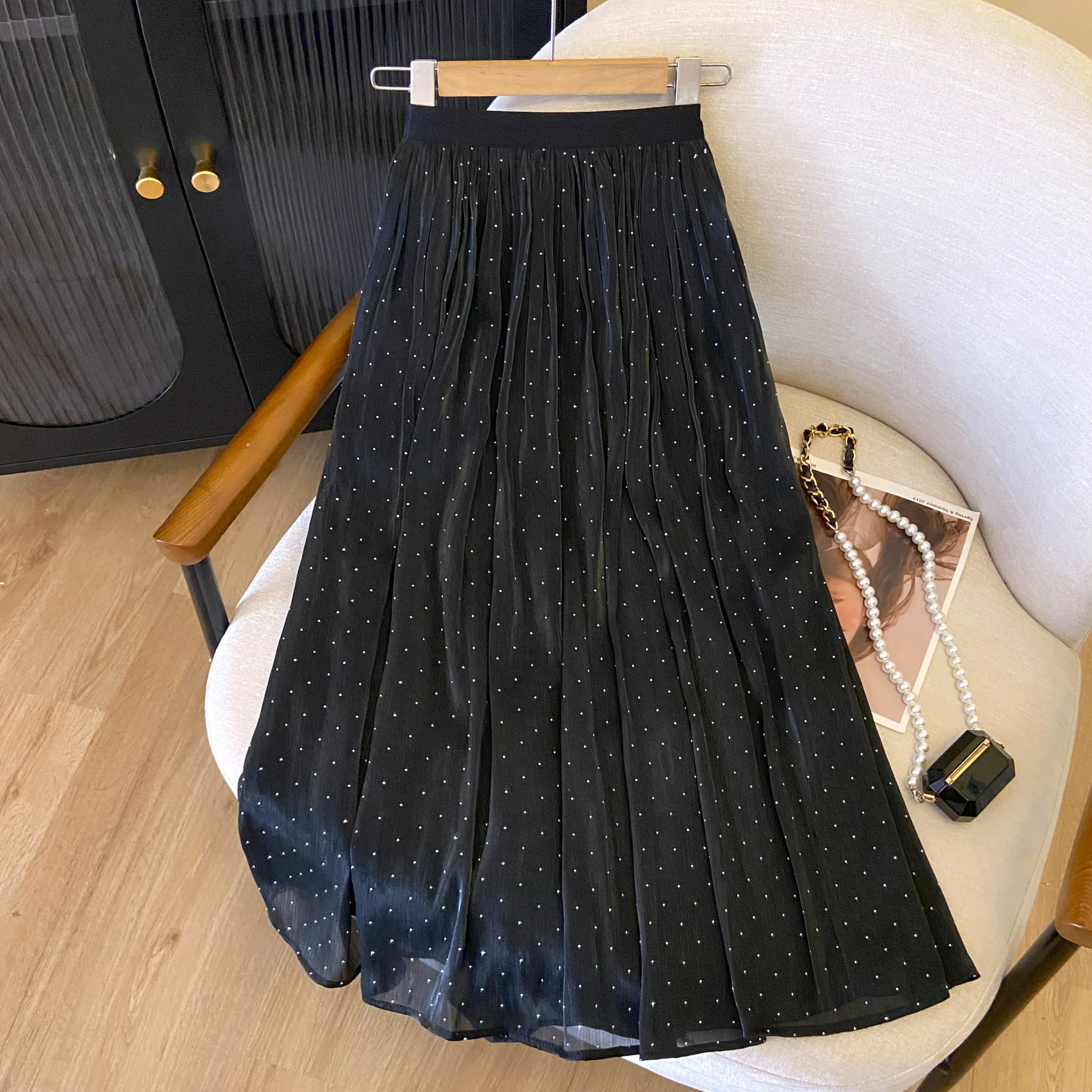 

ZJYT Diamonds Long Skirts for Women Summer Fashion Korean Style Elastic Waist Black Party Skirt Casual Aline Faldas White Pink