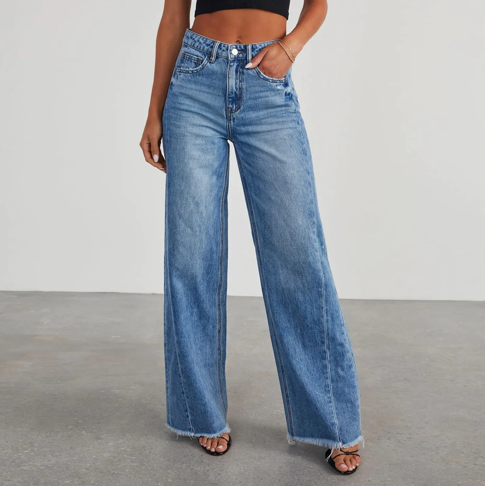 

Hot Sale New Style Wide Leg Loose Denim Pants Solid Color Casual Straight Denim Pants Women Fashion Street Straight Leg Jeans
