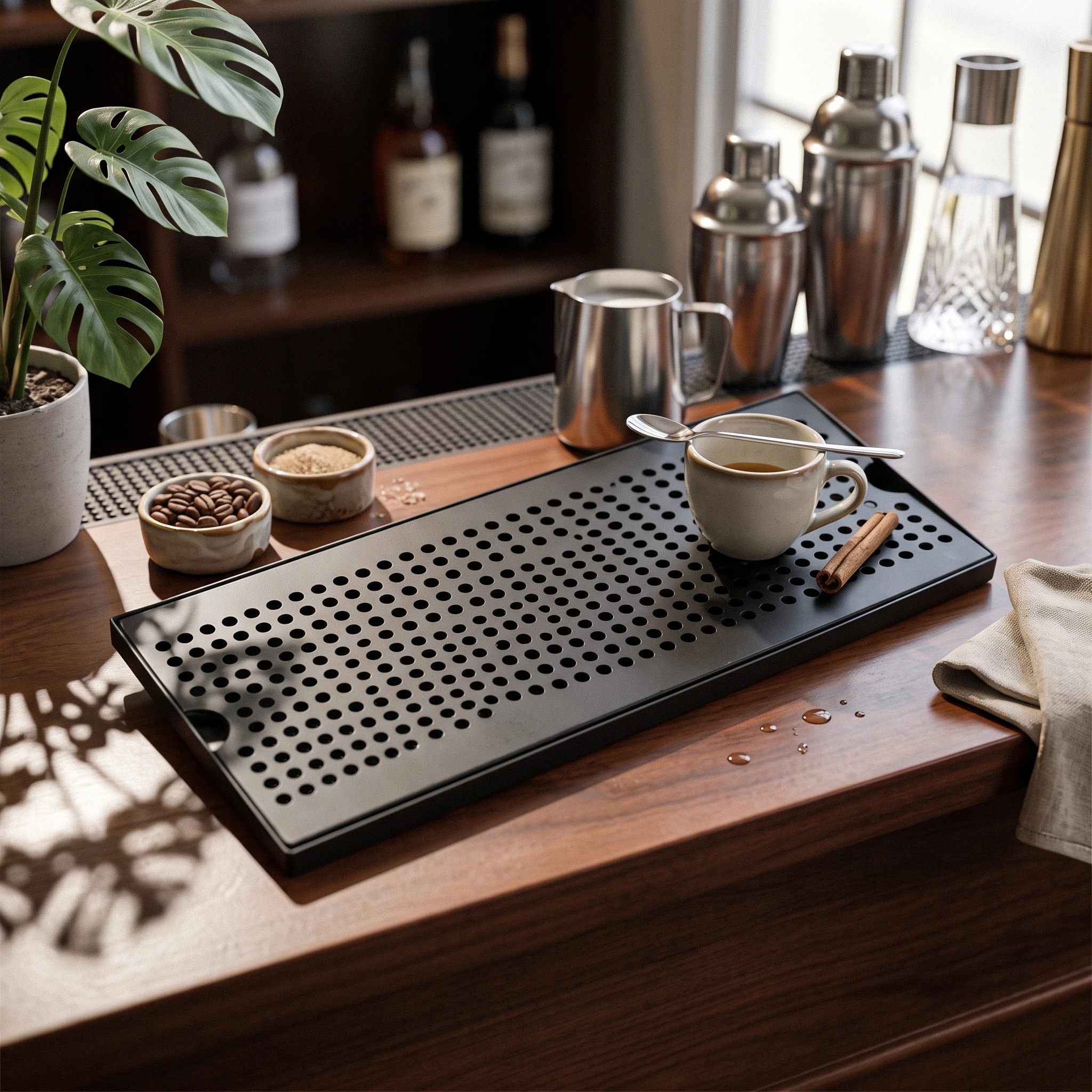 Bar Drain Tray Black Coated Stainless Steel Tray with Perforated Top Slimline Heavy-Duty for Bartenders, Beverage Stations