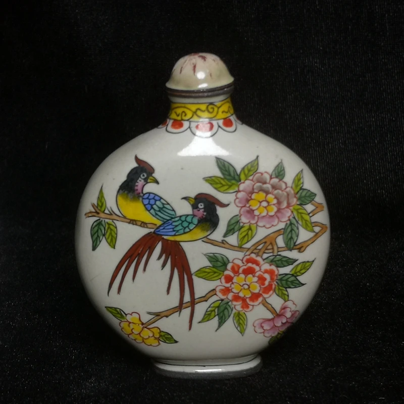 YIZHU CULTUER ART Size 7.7 x 6.1 cm Chinese Old Beijing Cloisonne Painting Flowers and Birds Snuff Bottle Collection