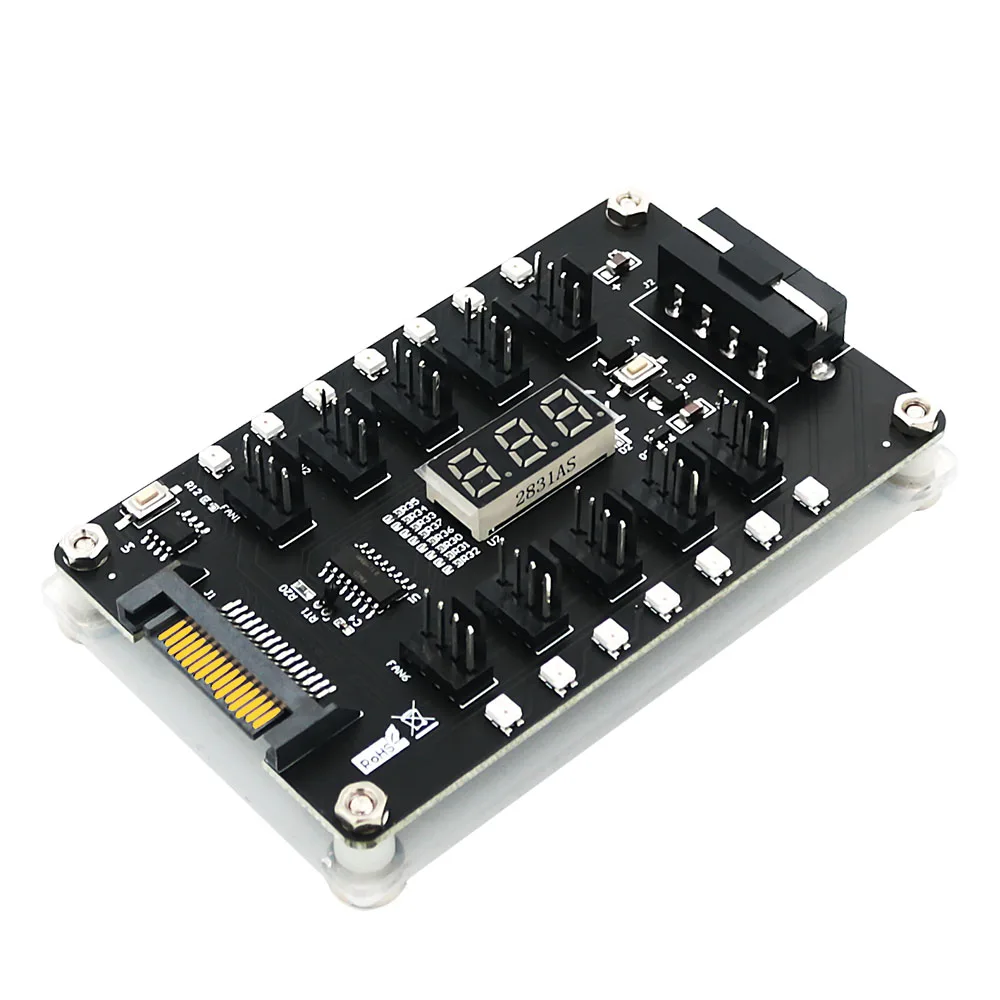 DC 12v 3/4Pin Fan PWM Fan Hub Controller with 3528 colorful flash LED and temperature sensor display