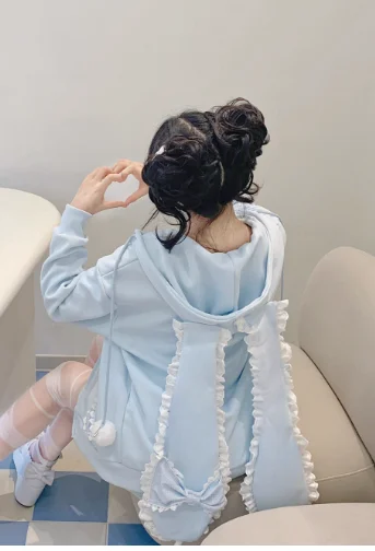 Dulce lindo Kawaii oreja grande sudaderas blancas chaqueta otoño versátil encaje costura suelta con capucha de manga larga cárdigan de Lolita abrigo