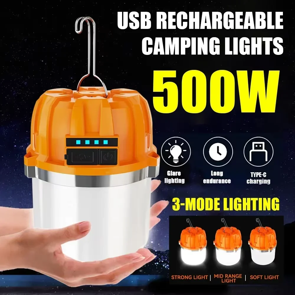 

500W LED Camping Lantern USB Rechargeable Portable Lamp Bulb Flashlight With Power Display Emergency Light for Outdoors Fishing