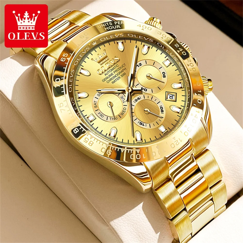 OLEVS Brand Luxury Gold Mechanical Watch for Men Stainless Steel Waterproof Luminous Calendar Multifunction Fashion Mens Watches