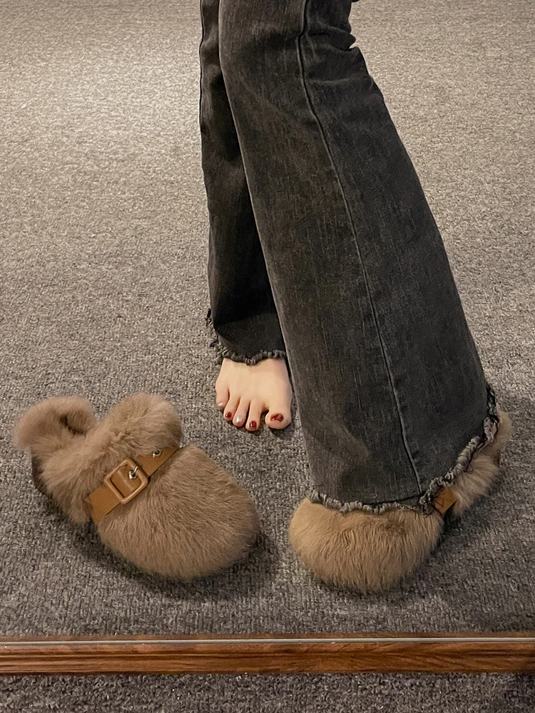 Shoes Ladies\' Slippers Platform Slipers Women Square heel Cover Toe Fur Flip Flops Med Winter Footwear Flock 2024 Block Plush wi