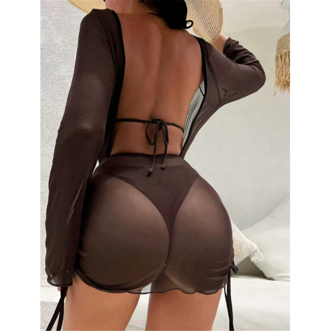 S - XL 3-teiliges Set mit langärmeligem Kleid, Bikini, Damen-Badebekleidung, Damen-Badeanzug, dreiteiliges Bikini-Set, Badeanzug, Badebekleidung, Schwimmbekleidung V7757 – Detail 4