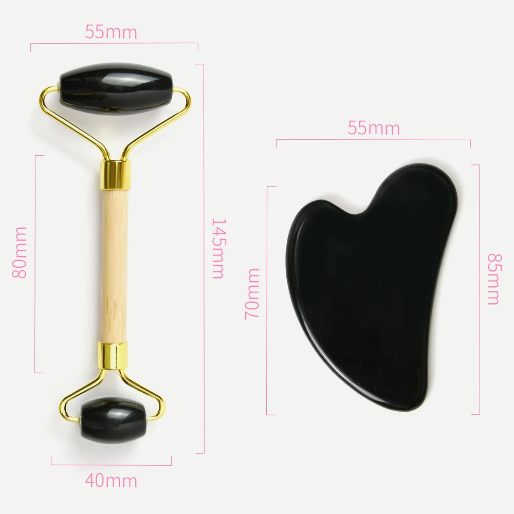 Natural Obsidian Face Massage Roller Guasha Scraper Black Jade Roller Gua Sha Tools Set for Wrinkles Anti Aging Facial Roller