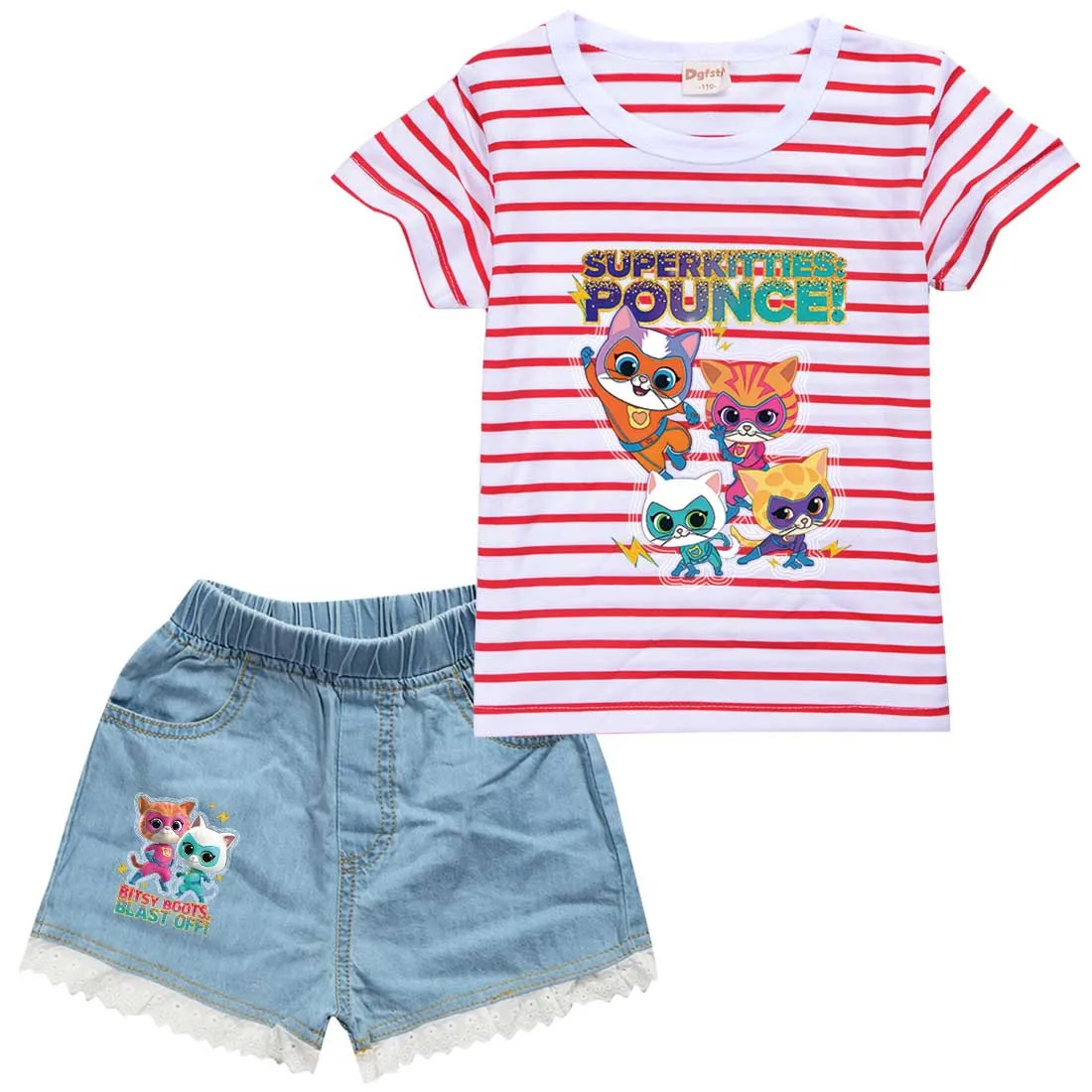 Anime Superkitties Clothes Toddler Girls Casual Outfits Boys Summer Clothing Kids Cotton Summer T-shirts +Denim Shorts 2pcs Sets