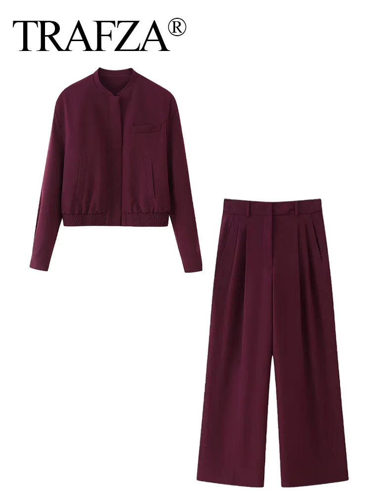 

TRAFZA Women Streetwear Sets Wine Red O-Neck Long Sleeves Pockets Zipper+High Waist Loose Pants Women Fashion Spring Suits