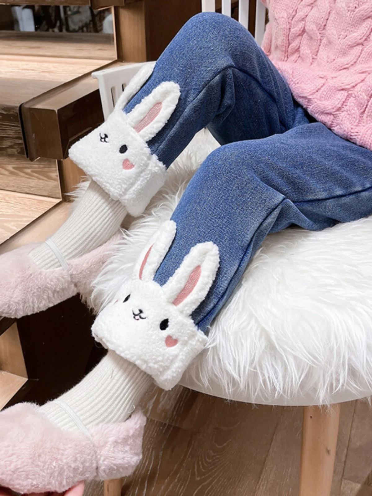 

Thiened Fce Lined Inteated Fce Girls Jeans Straight Leg Outerwear Winter Warm Trousers Children's Autumn Winter Clo...