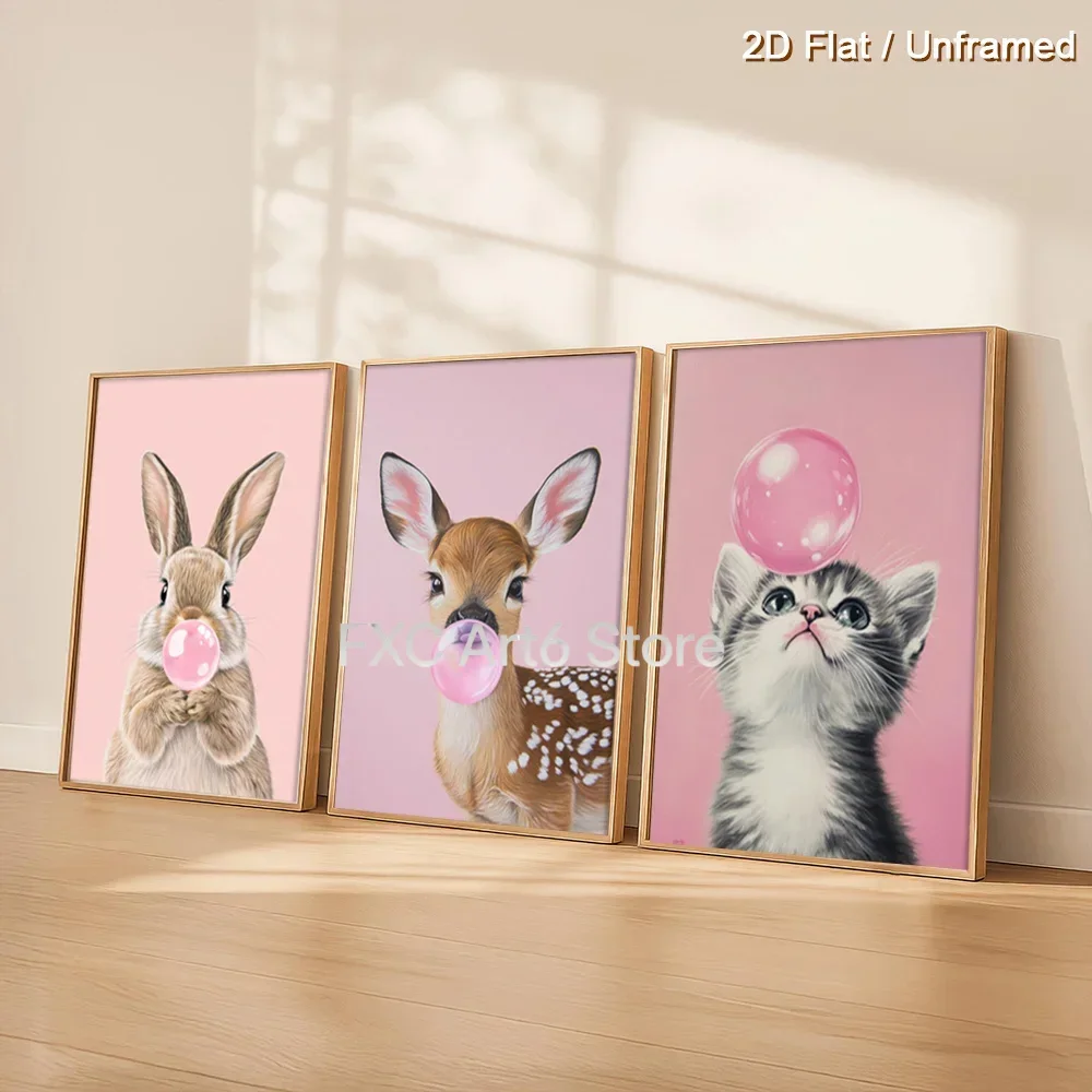 3pcs frameless -2D Flat,  Pastel Pink Bubble Gum Animal Wall Art Prints - Cute, & Posters Suitable for, Room, Living Room