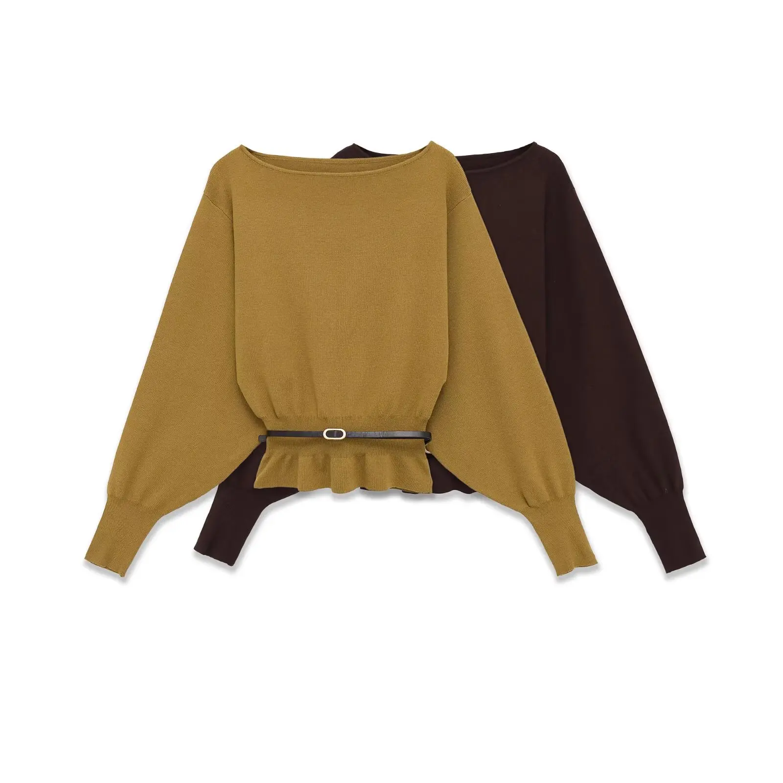

Женский модный топ с длинными рукавами, зимний повседневный универсальный свитер с открытыми плечами и поясом, утягивающий талию однотонный пуловер