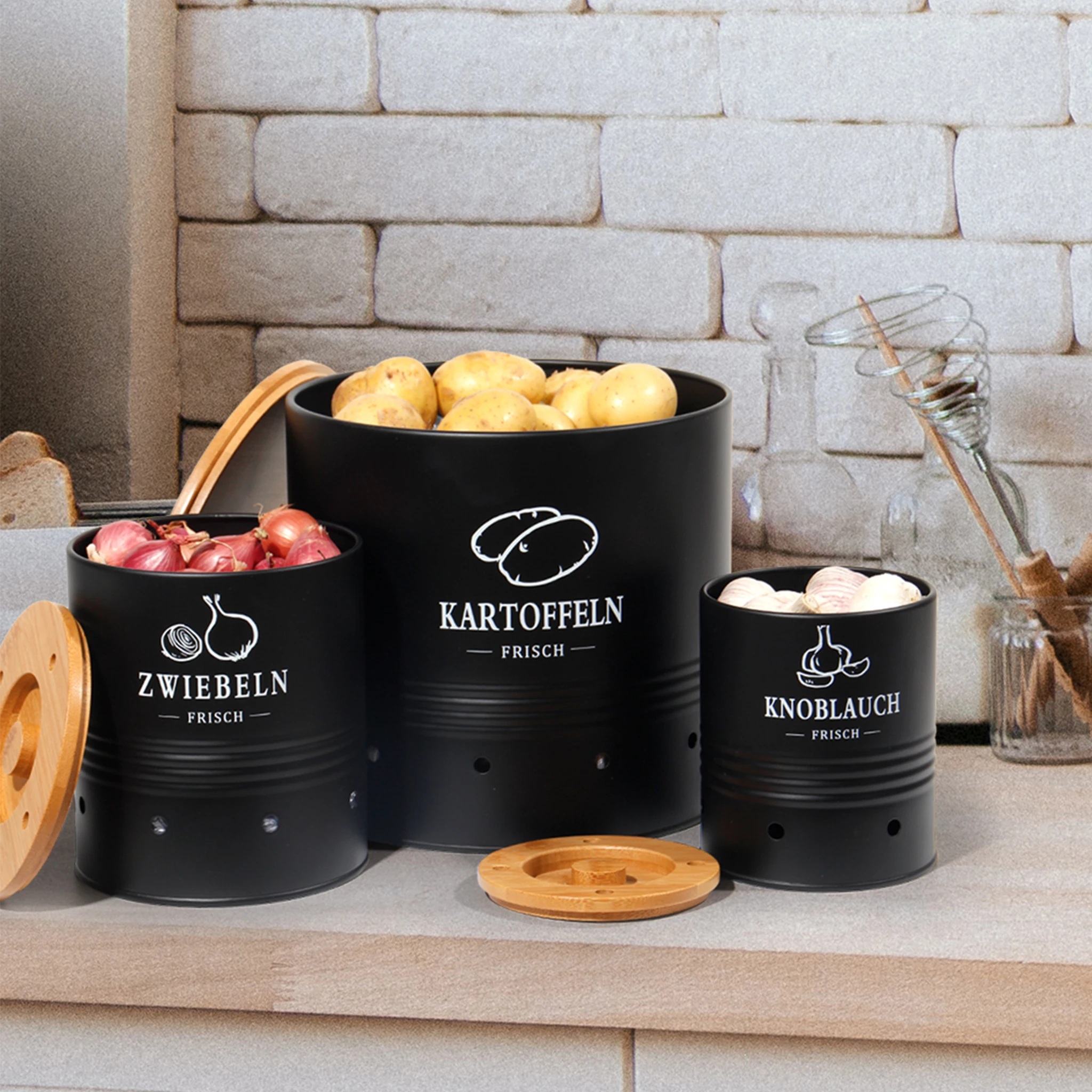 Kartoffel Aufbewahrungsbox 3er Set,mit Bambusdeckel und Belüftungslöchern,Zwiebeln Knoblauch Kartoffeln, Metallbehälter