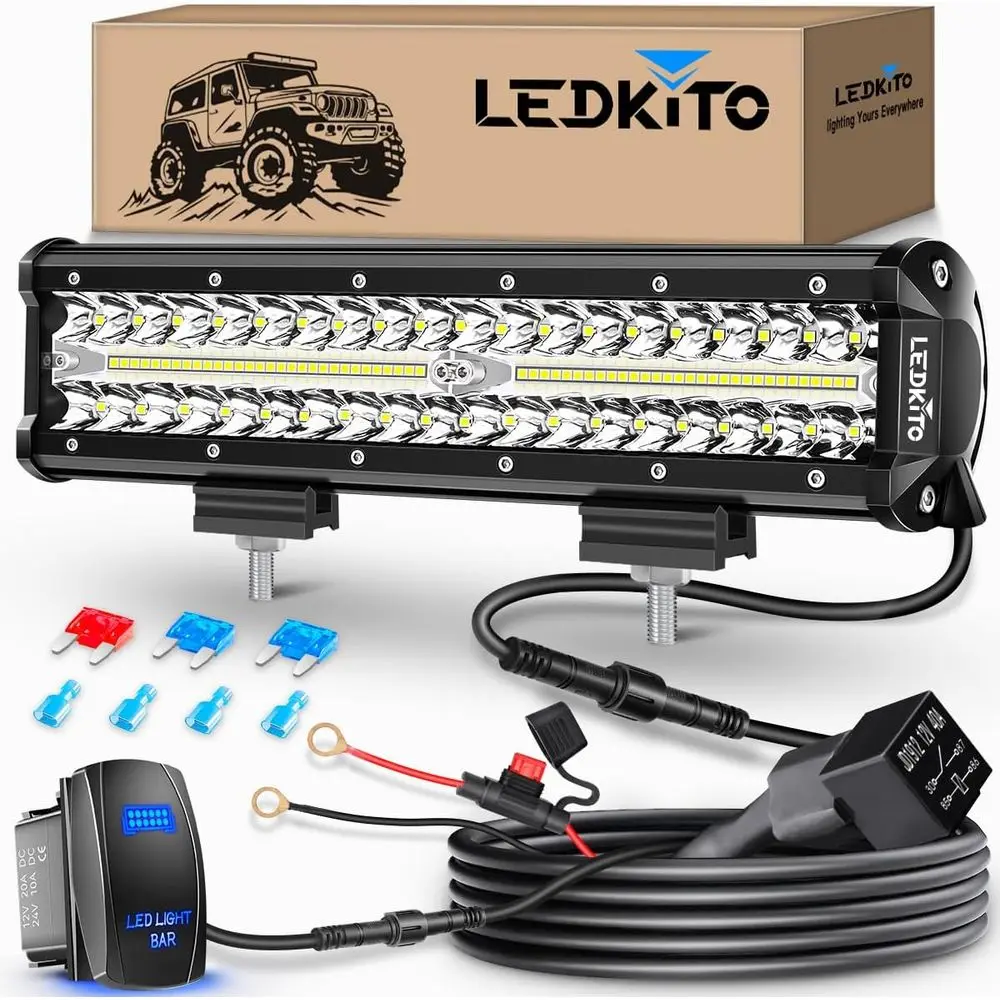 

LEDKITO 12 inch LED Light Bar Kit with 5 Pin Rocker Switch Wiring HarnTriple Row lood Spot Combo O Road Driving og Lights LED Ba