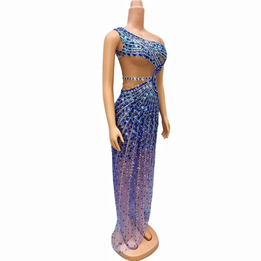 Sexy Stage Flashing Blue Silver Rhinestones Birthday Celebrate Transparent See Through Dress Mesh Costume Photoshoot Outfit