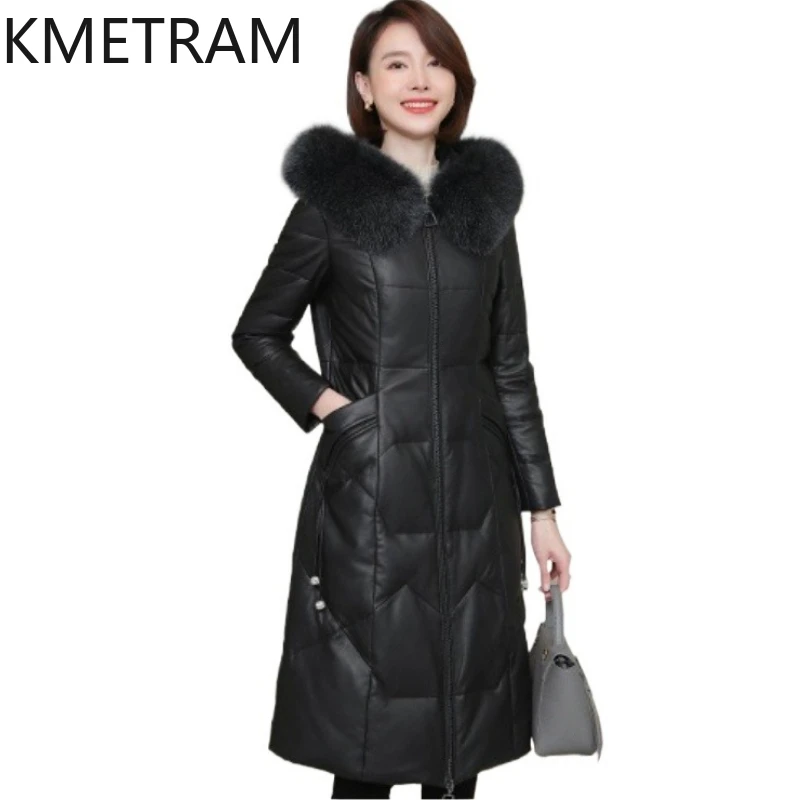 Piumino in piuma d'oca bianca Donna 100% pelle di pecora Piumini lunghi con cappuccio Collo in pelliccia di volpe Abbigliamento donna invernale 2025 ·хоislavк