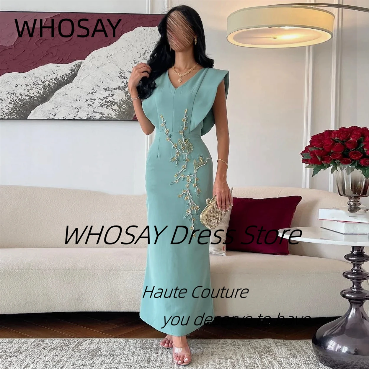 

WHOSAY V Neck Prom Dresses Customized Beading Ankle Length Sheath Evening Dress Zipper Back Birthday Party Saudi Women Wear