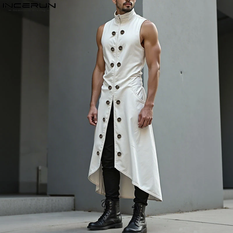 INCERUN Men Long Style Vests Solid Color Double Breasted Casual Male Waistcoats High Street Sleeveless Fashion Long Cardigan Men