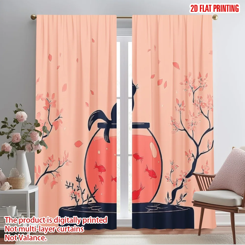 

2pcs,2D plane printing Curtains Digital Printed Curious Cats View Versatile Durable Polyester (without rod) Decorations For Home