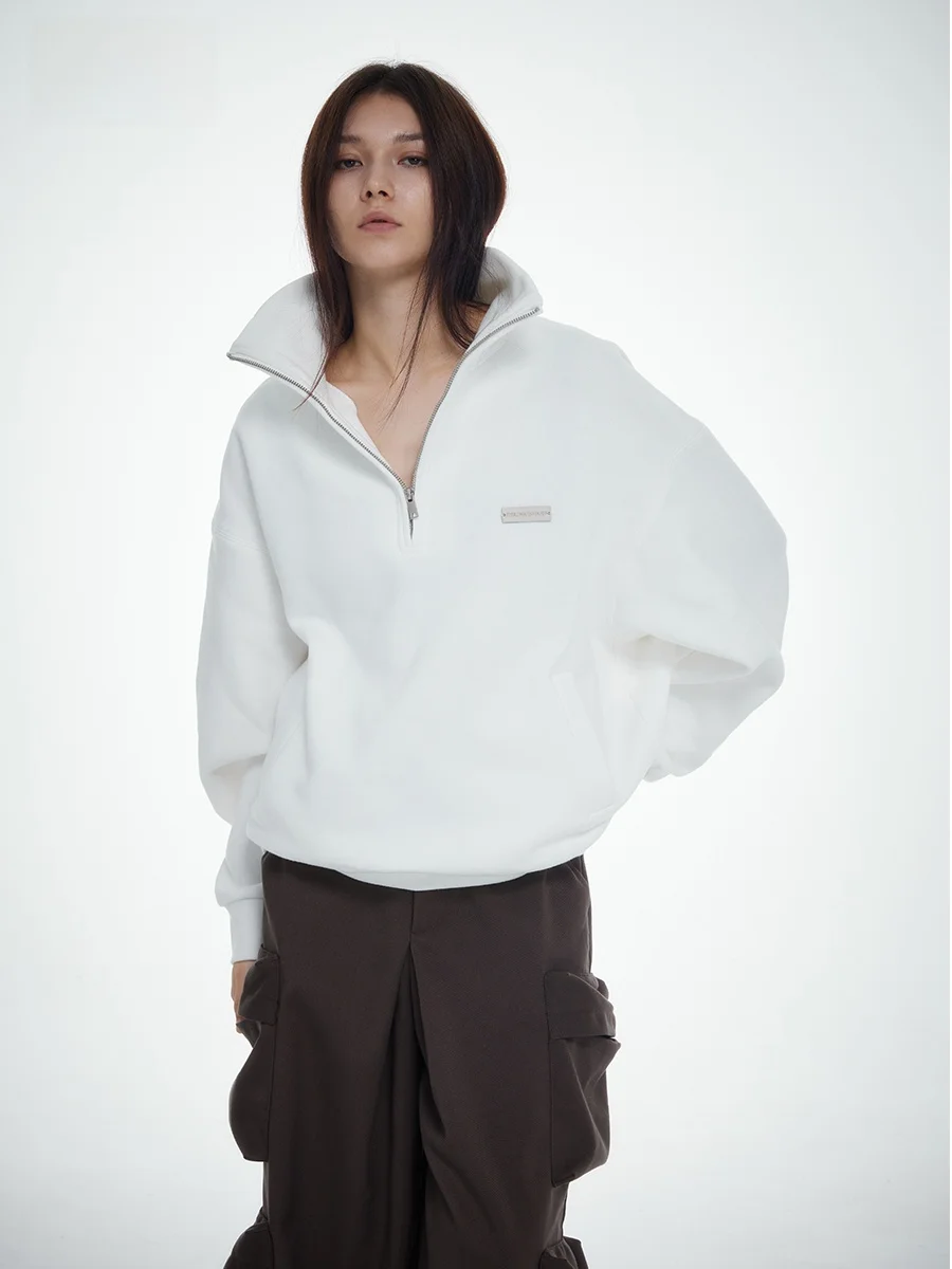 

Wildund f Свободный свитшот с воротником-стойкой на молнии в американском стиле, женская одежда, удобная смесь хлопка и полиэстера Long Sve