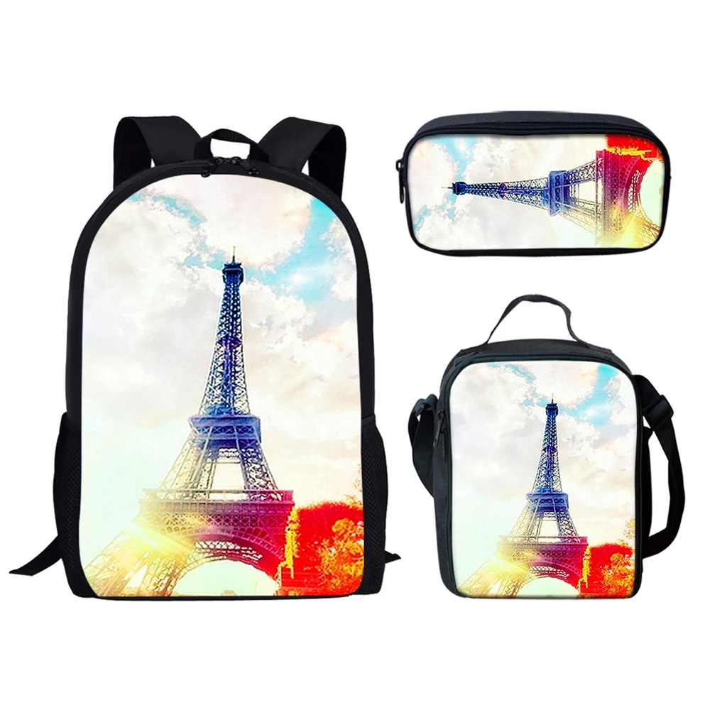 3 buah/Set ransel pola Poster Menara Eiffel Retro tas sekolah kasual pelajar Set anak laki-laki perempuan remaja ransel kampus harian