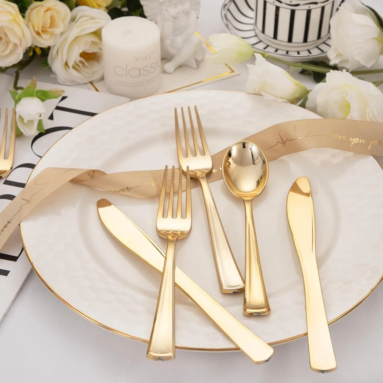 WDF 500PCS Gold Plastic Silverware Set Disposable - Gold Cutlery Set Plastic Utensils Set - 250 Gold Forks, 125 Spoons