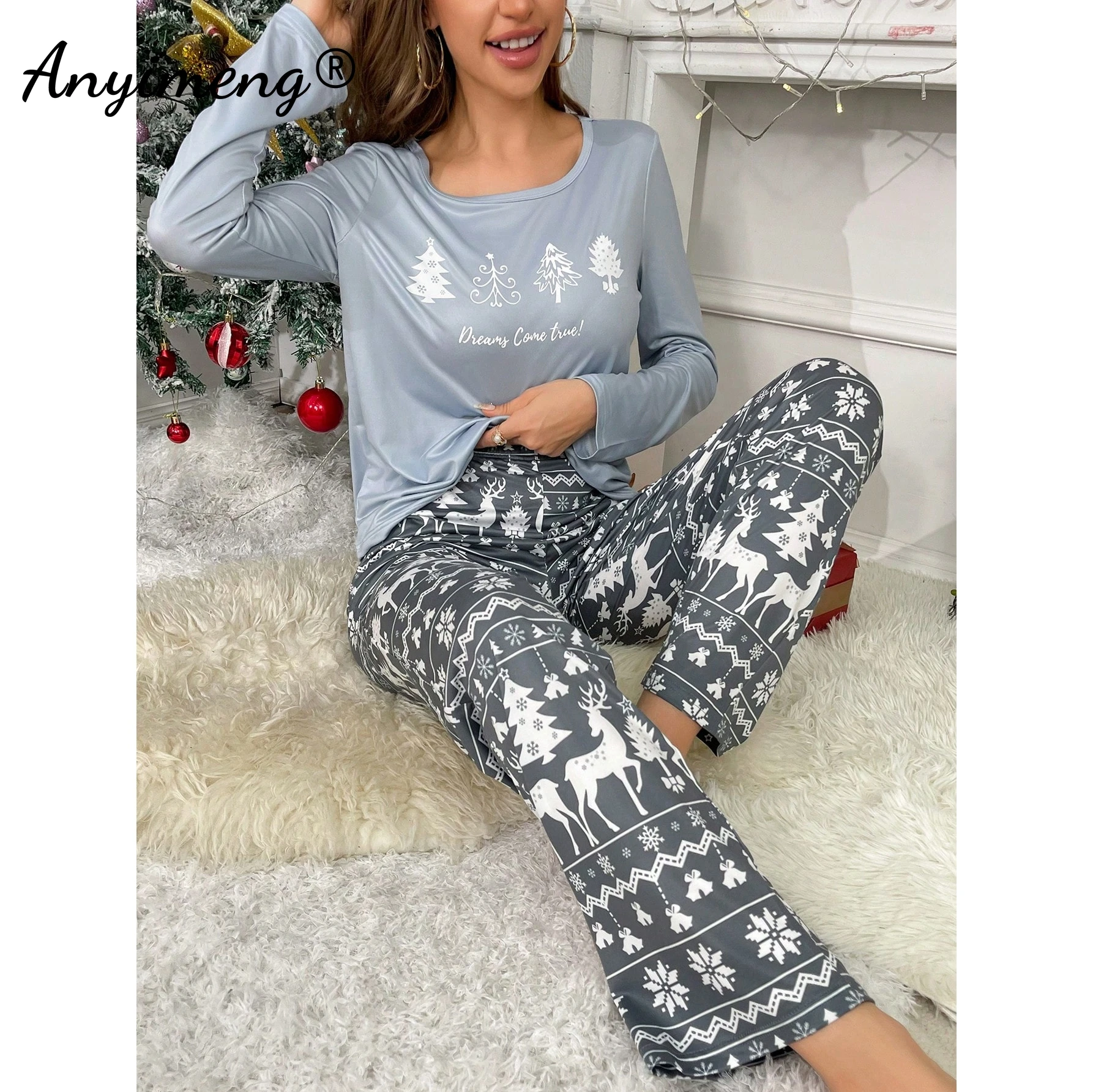 HOT Christmas Long Sleeves Full Pants Pijama Loungewear Girls Nightwear Spring Autumn Women Pajamas Set Milk Silk Sleepwear