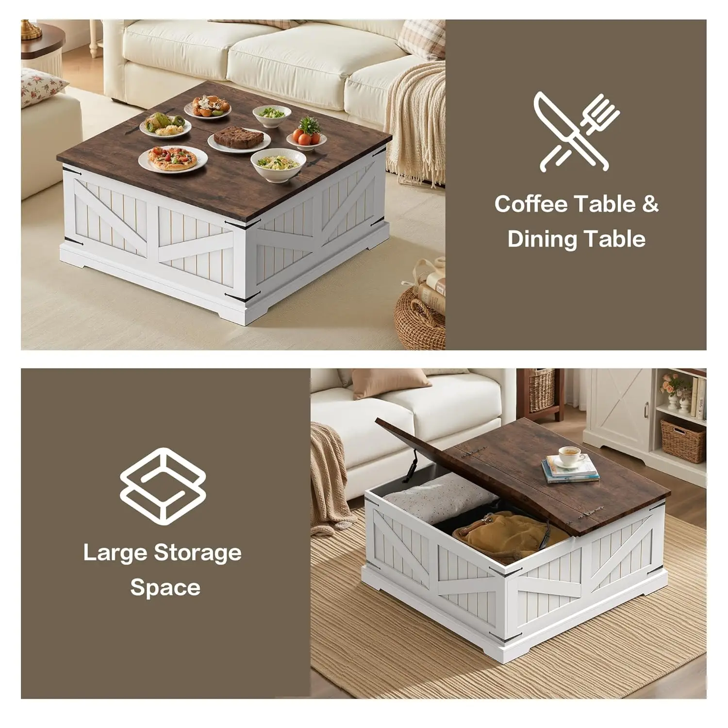 Farmhouse Coffee Table With Storage, 32" Square Wood Center Table With Dual Flip-Top Lids, Hidden Storage Compartme