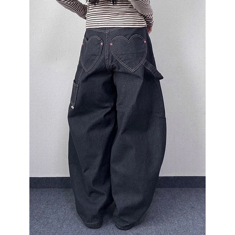 المرأة الأمريكية الرجعية سكين جيب واسعة الساق الجينز ربيع الخريف نمط فتاة ساخنة شارع العليا تصميم فضفاض الطابق طول السراويل