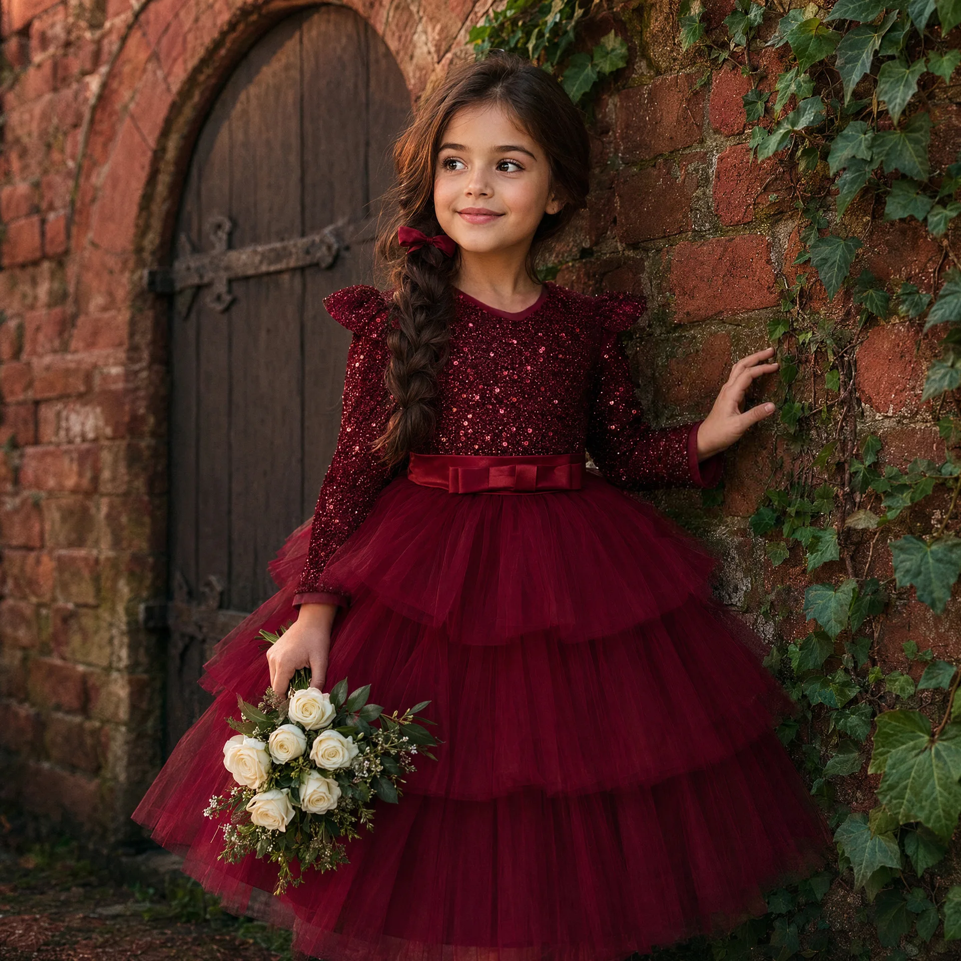 Girls Christmas Long Sleeve Sequin Princess Dress Kids Birthday Party Tulle Puffy Dress for Piano Recital Performance