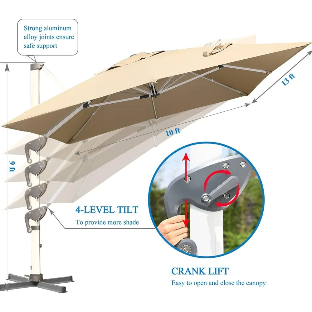 Guarda-chuva cantilever retangular com base cruzada, resistente, pátio grande, offset ao ar livre, rotação de 360 graus, 10x13FTL