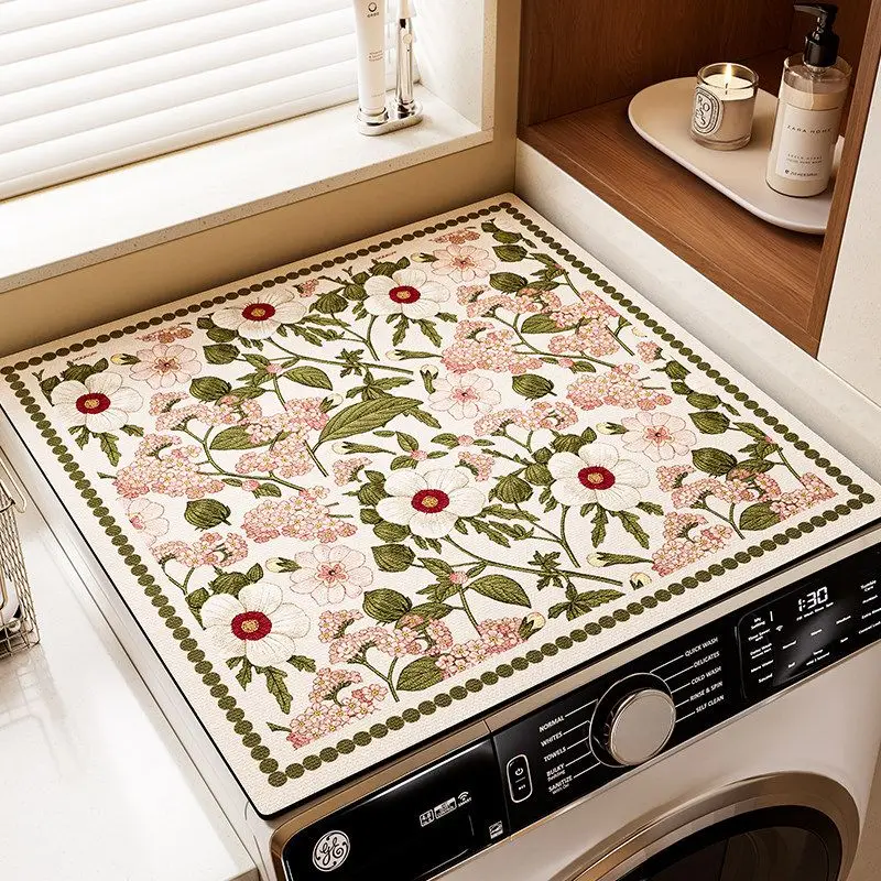 VIKAMA Cream Sage Yellow Floral Washing Machine Top Mat Leaf Blossom Tiny Flower Dot Trim Water Resistant Non Slip Kitchen Soft