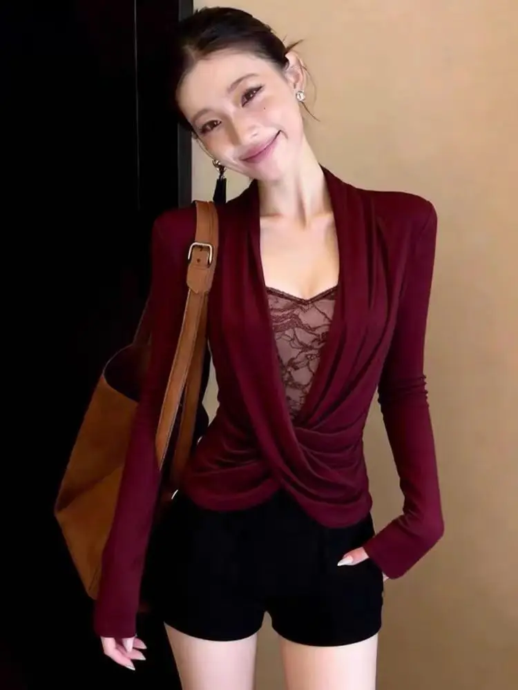 Elegant Women's Knit Top With Scarf Collar And Ruched Detail For Office Wear In Spring Autumn