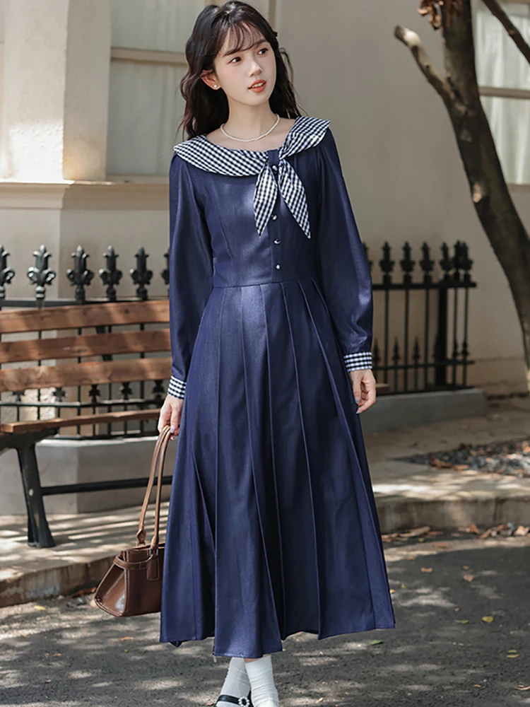 Outono azul chique xadrez arco boneca colarinho plissado vestido longo feminino coreano elegante bodycon vestido 2025 vintage vestidos de festa de luxo
