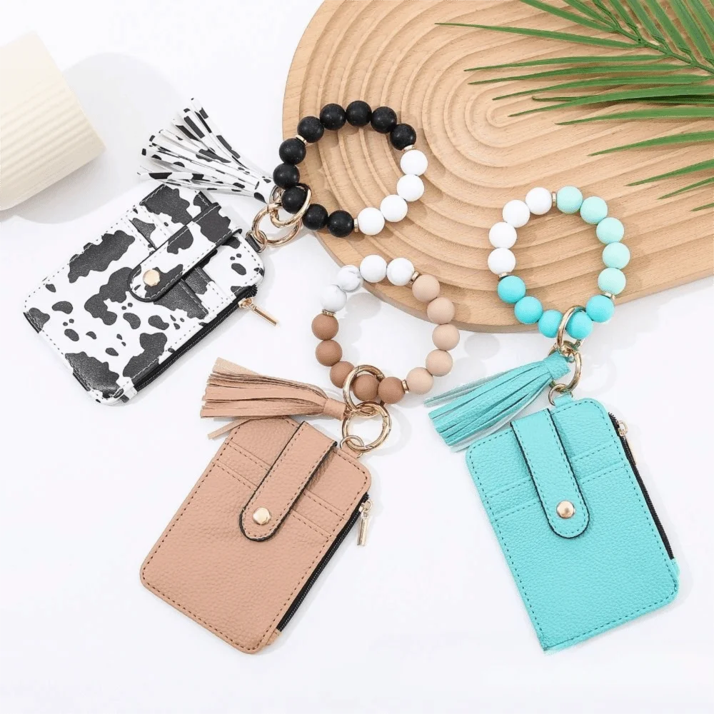 PU Leather Boho Beaded Wallet Anti-Loss Waterproof Wristlet Wallet Tassel Keychain Storage Credit Card Holder Purse Women