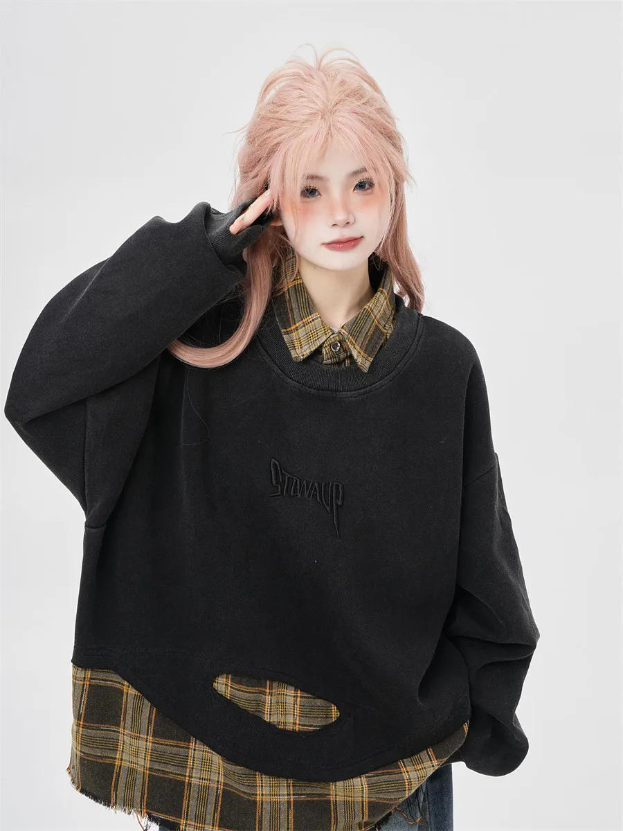 American Black Fake Two-piece Checkered Shirt 2026 Women's Spring Autumn Patchwork Washed Round Neck Hoodie Oversized Pullover