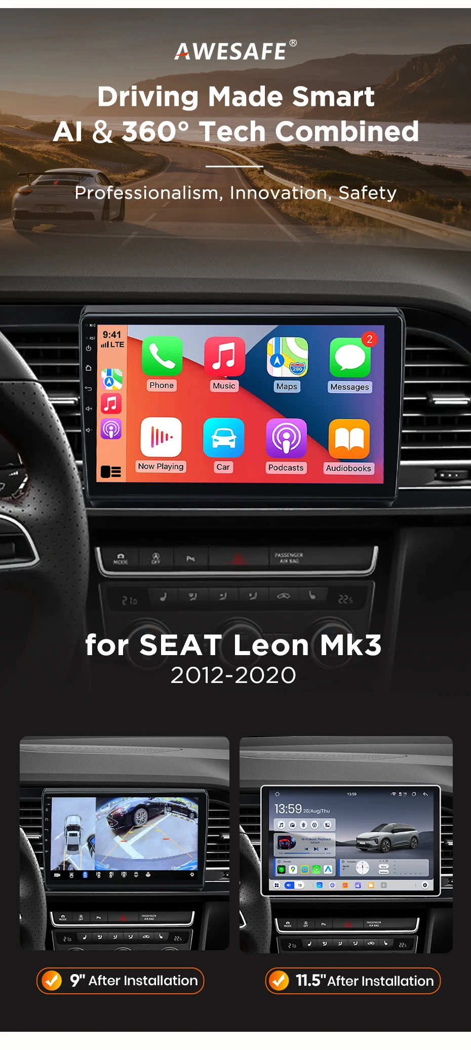 AWESAFE Kabelloses CarPlay Android Auto Radio für Seat Leon MK3 2012 2013 2014-2020 Plug & Play FM BT RDS DSP 4G GPS Multimedia – Detail 3