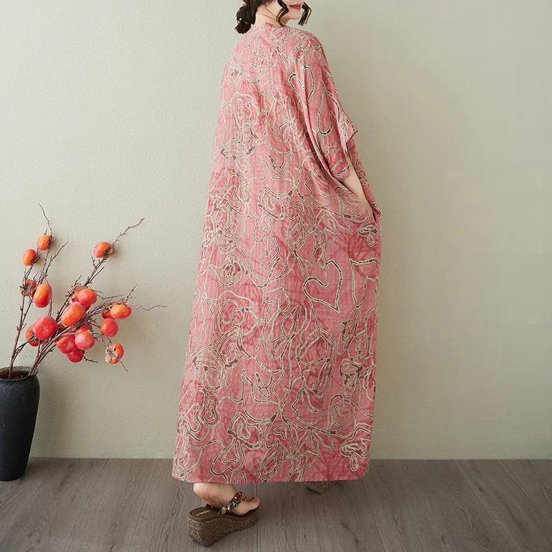Abito estivo da donna stampato in misto lino stile arabo mezze maniche abiti lunghi larghi casual abito Boho da vacanza al mare di grandi dimensioni