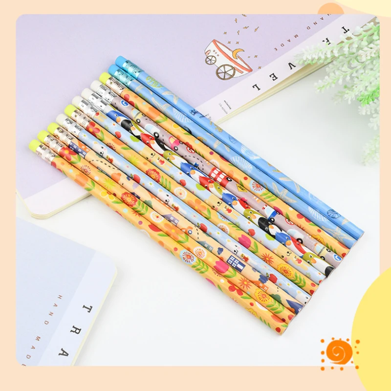 

10Pcs /Lot cartoon animal Pencil Wooden Lead Pencils HB Pencil with Eraser Kids Drawing Sketch Pencil School Writing Stationery