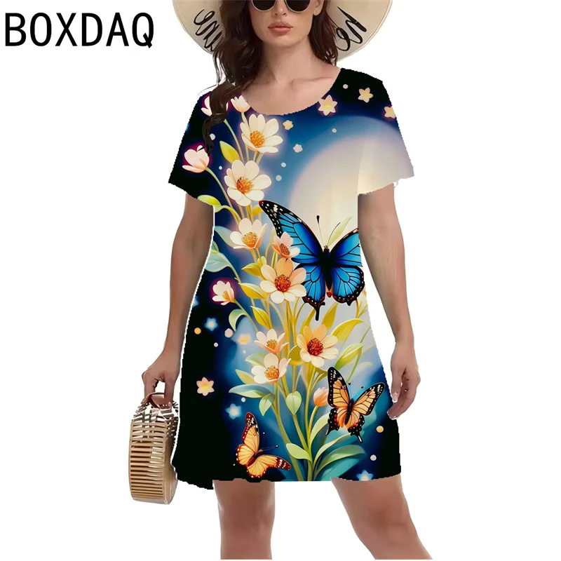 2024 New Women Casual Dress 3D Colorful Butterfly Landscape Print Mini Dress Summer Short Sleeve O-Neck A-Line Dress Vestidos