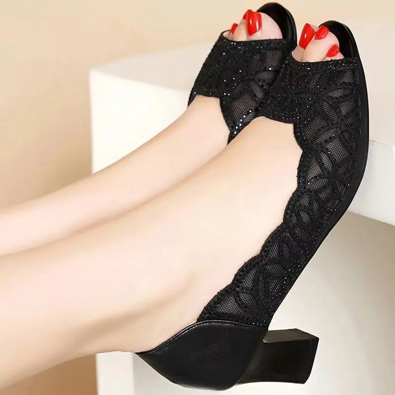 2022 Summer New Women Shoes Mesh Breathable High Heel Sandals Fashion Dress Banquet Open Toe Shoes Mother Shoes Sandalias Mujer