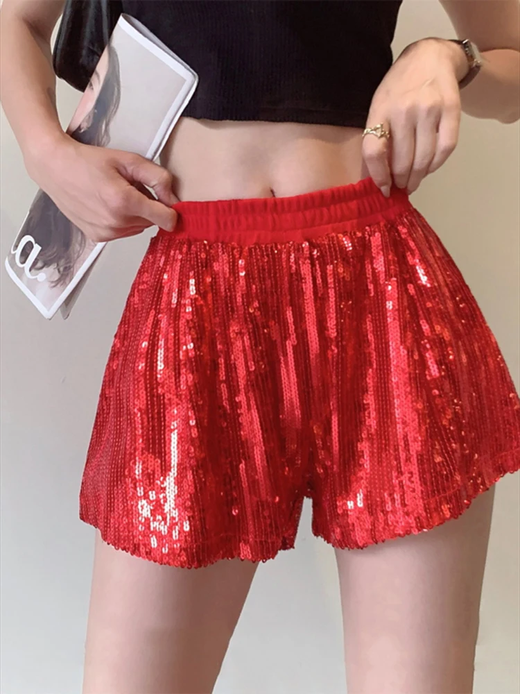 Women Summer Fashion Elastic High Waist New Sliver Sequin Shorts Casual Glitter Stage Performance Wedding Party Shorts