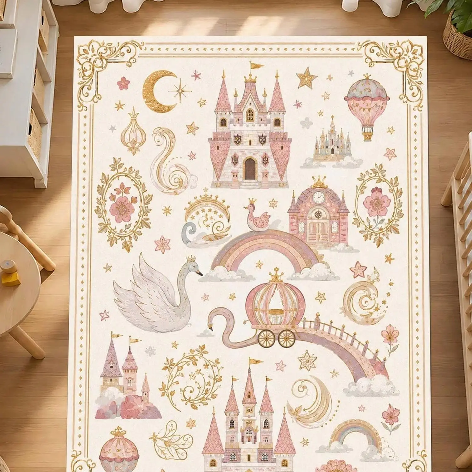 Princess Castle Rug, Fairy Tale Themed Rug, Pastel Playroom Rug, Magical Swan Decor, Girls Bedroom Gift Rug, Royal Baby Room Rug