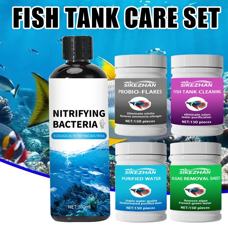 Juego de tratamiento de agua para pecera: tabletas nitrificantes de bacterias y líquido, pestañas antialgas, eliminador de olores, tabletas descloradoras